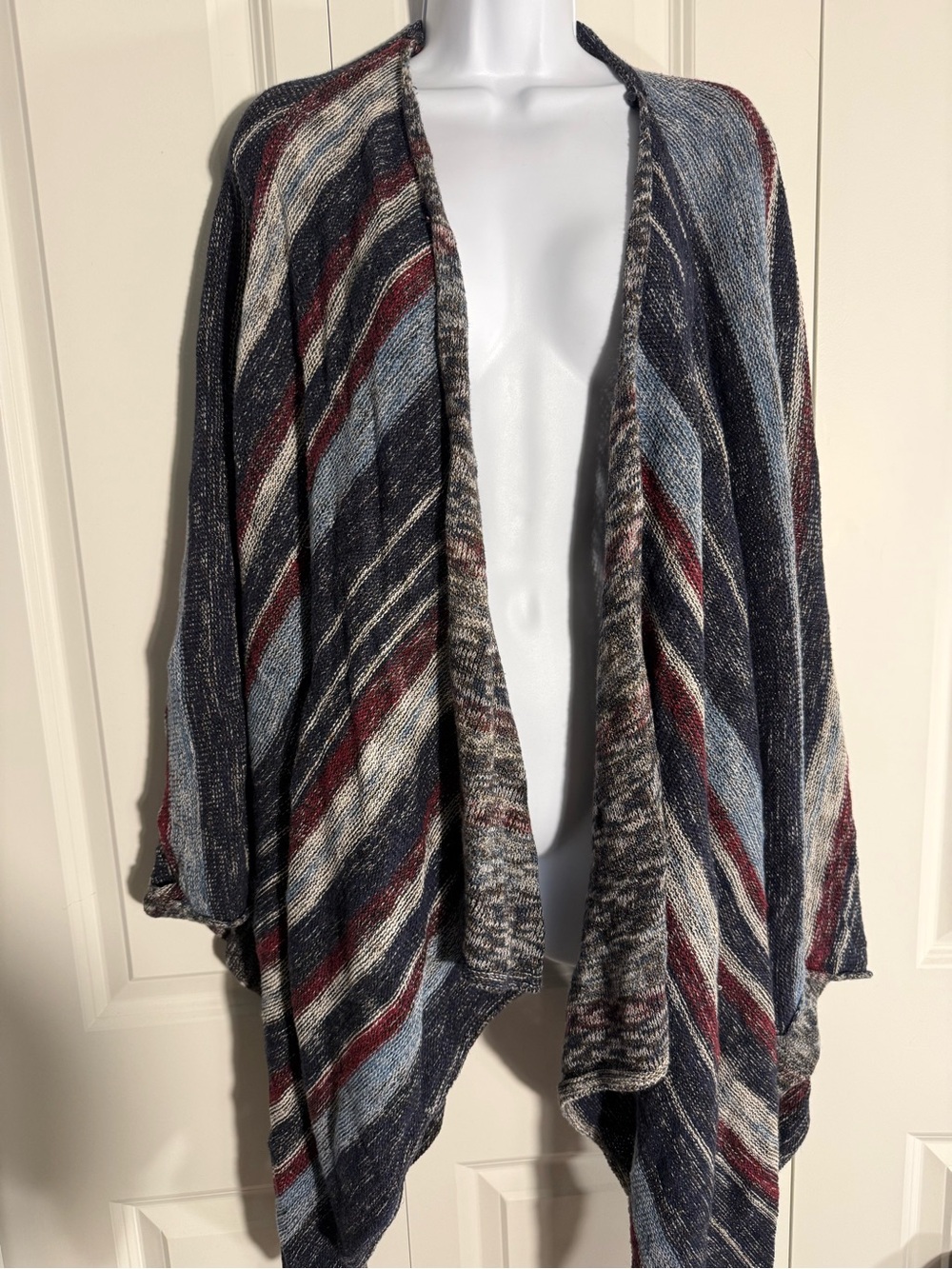 Free People Striped Open Front Poncho in Navy, Light Blue & Burgundy - Picture 3 of 7